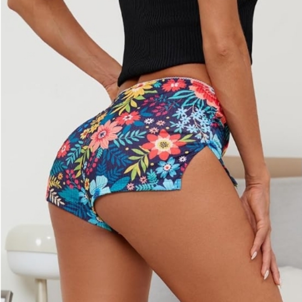 Cute Micro Pajamas Shorts Low Rise Side Slit Ruched Shorts Floral